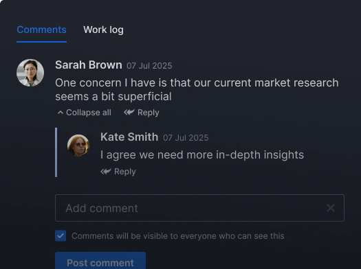 Activity log showing OKR changes and team comments