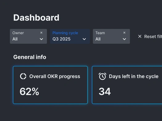 Dashboard filter options for customizing OKR views