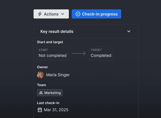 Key result details showing progress metrics and status