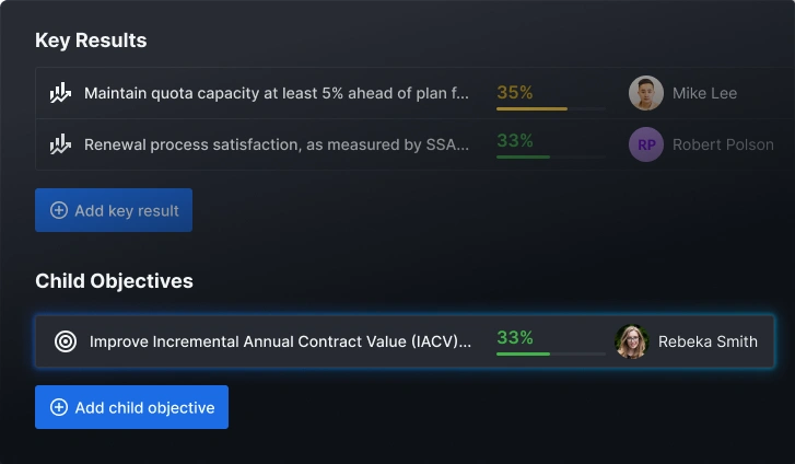 Effortbox OKR management interface showing objectives and key results