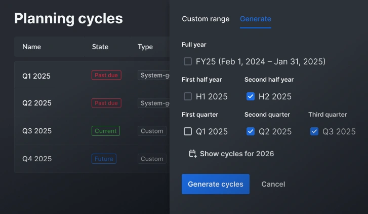Planning cycles view showing quarterly OKR timelines
